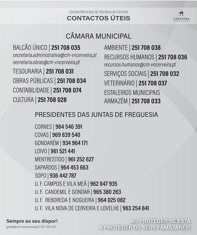 Contactos Serviços Municipais e Presidentes de Junta de Freguesia